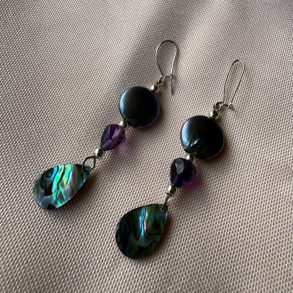 Abalone and Purple Drop Earrings